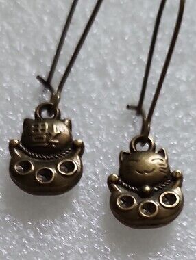 Hand Crafted Bronze Lucky Cat Dangle Earrings